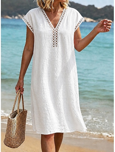  Dames Knielengte jurk Kanten jurk Witte jurk Zomerjurk Elegant Modieus Strand Vakantie Feestdagen Ruim Passend Effen Korte mouw V-hals Wit Zomer Lente