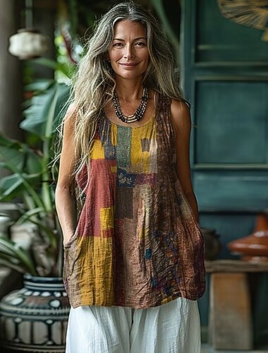  Per donna Camicia Boho Grafico Astratto Bohemien Attivo Vacanza Senza Maniche Scollo Tondo Top lunghi Casuale Marrone Estate Primavera