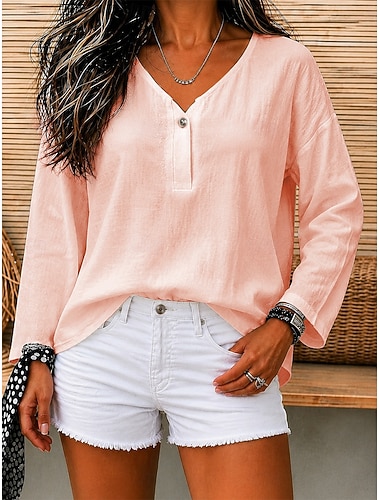  Dames zomertops van 100% katoen, blouse, nette tops met plooien, effen kleur, elegant, vintage, dames, lange mouwen, 3/4 mouwen, V-hals, normale tops, casual, dagelijks, werk, blauw, wit, roze