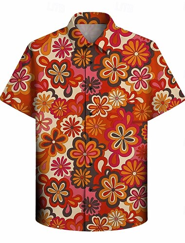  Retro / vintage Hippie 70-talet Skjorta Korta ärmar Hippie Disk Blommig Maskeradkläder Herr Fest Dagliga kläder Vuxna Skjorta Sommar