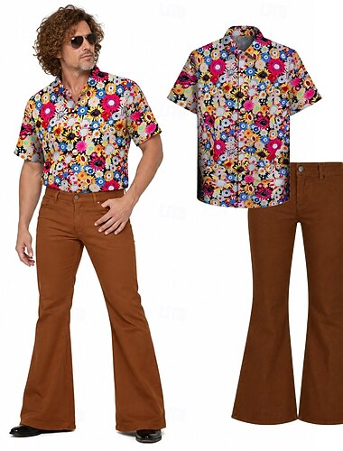  Set Retrò Vintage Hippie Anni '70 Pantaloni Camicia Maniche corte Hippie Disco Floreale Retrò Costume Per uomo Festival Musicale Feste Adulti Camicia Pantaloni Primavera & Estate