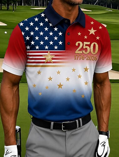  4 luglio 2026 250° Per uomo Bandiera Americana Golf Polo Sportivi Manica Corta Magliette polo Camicie con Colletto Casual Athleisure Stampa 3D Bottoni Tessuto retato traspirante Primavera & Estate