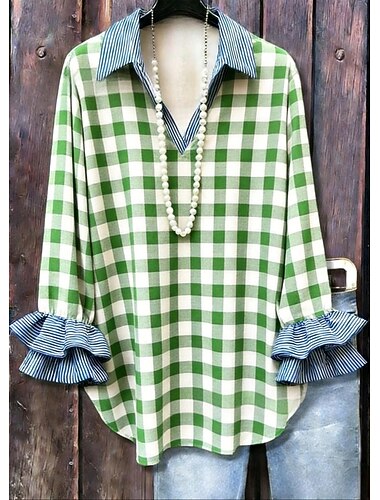  Dame Skjorte Boho skjorte Casual skjorte Grafisk Stribet Elegant Boheme Aktiv Langærmet Flæseærme V-hals Lange toppe Afslappet Blå Gul Grøn Grå Sommer Forår Efterår Vinter