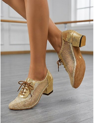  Scarpe da ballo da sala da donna con glitter dorati – tacchi da allenamento con lacci e inserti in rete per salsa e tango &balli sociali