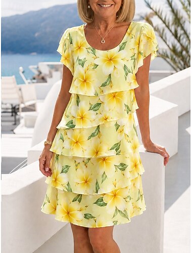  Per donna Abito al ginocchio Vestito in Chiffon Abito Floreale Elegante Moda Moderno Vacanza Feste Weekend Vestibilità regolare Floreale Manica Corta Girocollo Giallo Estate Primavera