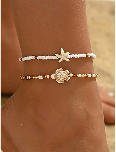 tartaruga boho da donna &Set di cavigliere con stelle marine e perline, 2 braccialetti da spiaggia in resina per le vacanze estive &abbigliamento casual quotidiano