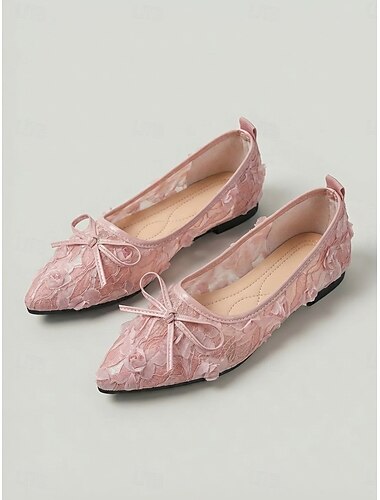  Roze kanten Mary Jane ballerina's voor dames met bloemenprint - romantische ballerina's met mesh-borduurwerk en strik, perfect voor buitenactiviteiten, zomerse tuinfeesten en andere gelegenheden.