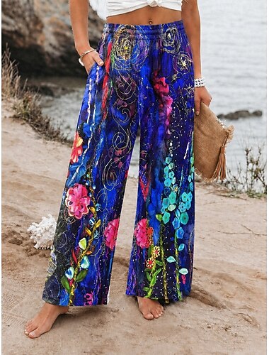  Dames Breed Been Vakantie Basic Volledige lengte Medium Taille Afdrukken Comfort Rekbaar Vakantie Formeel Straat blauw Wit + Zwart Donkerblauw Zomer Lente Ruim Passend