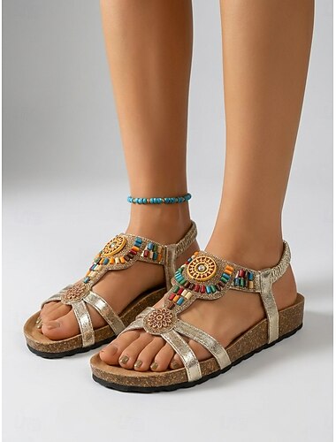  Dames bohemian strandsandalen - zwarte platte schoenen met elastische hielband en kleurrijke kralenversieringen in inheemse stijl. &Kurken platformzool voor zomerse resortkleding &tropische vakantie