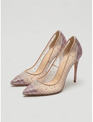  Escarpins roses à paillettes pour femmes - élégants talons en résille et cristal pour cocktails et soirées.