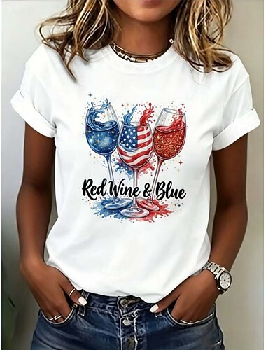  Amerikanska självständighetsdagen Dam T-shirt Mönster Grafisk Flagga Bokstav Vintage Mode Stylish Kortärmad Rund hals Vanliga toppar Ledigt Dagligen Helgen Vit Vit 2 Vit 3 Sommar Vår Höst
