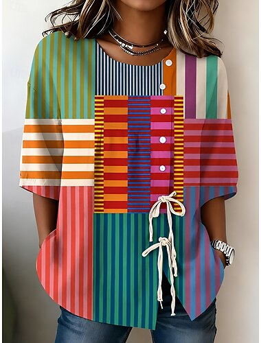  Per donna Camicia Camicia Boho Camicia casual Coulisse Floreale Grafico Elegante Bohemien Attivo Mezza Manica Girocollo Top Regolari Casuale Quotidiano Lavoro Stampa bianca Rosa polverosa Arcobaleno
