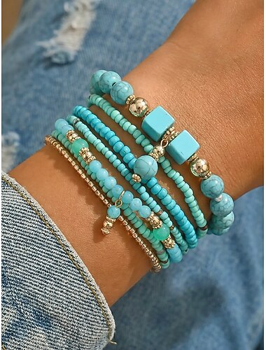  resina multicolore stile bohémien da donna &Braccialetti in lega con perline, trendy e vivaci, perfetti per le vacanze e per l'uso quotidiano.