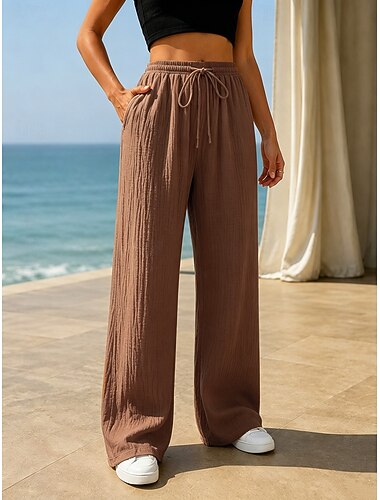  Mulheres Perna larga Calça casual Férias Básico Comprimento total Cintura Alta Conforto Férias Formal Rua Preto Branco Verde cáqui Verão Primavera