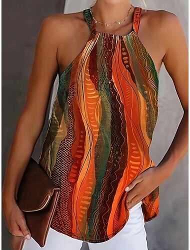  Damen Tank Top Druck Grafik Abstrakt Basic Ärmellos Neckholder Lange Oberteile Lässig Blau Orange Grün Sommer Frühling