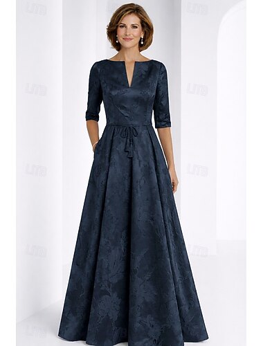  Linea ad A Lunghezza al pavimento Abito da invitata a nozze Abito Formale Abito svasato Abito da cerimonia per signora Mezza Manica Scollo a V Elegante Vintage Formale Jacquard con Fiocco/Fiocchi