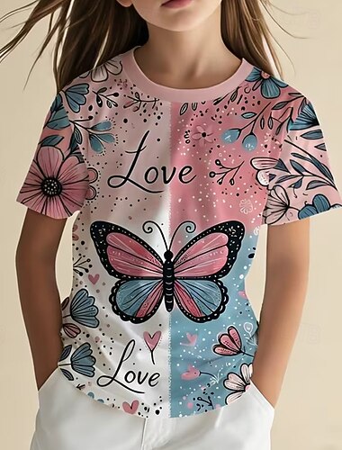  Chica 3D Graphic Mariposa Camiseta Manga Corta Impresión 3D Verano Primavera Deportes Moda Ropa de calle Niños 5-12 años Cuello Barco Casual Diario Exterior Ajuste regular