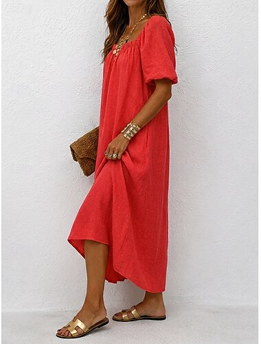  Dames Maxi-jurk Linnen jurken Vintage Dagelijks Ruim Passend Heldere kleur Korte mouw Vierkante hals Rood Hemelsblauw Zomer