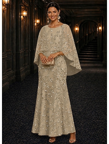  A-Linie Kleid Bodenlang Knöchellänge Cocktailkleid Brautmutterkleid Langarm Rundausschnitt Elegant luxuriös Glanz & Glamour Formell Hochzeitsgast Semi-Formal Spitze mit Perlenstickerei Paillette