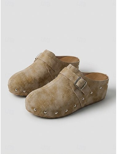 Donkerbruine damesklompjes/muiltjes – retro, gesloten instapschoenen met studs, ideaal voor casual gebruik, in de tuin, op reis en dagelijks gebruik.