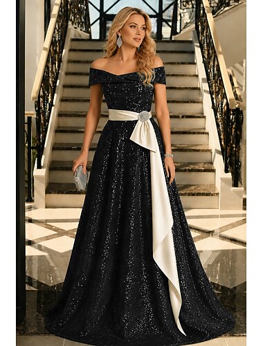  Linea ad A Lunghezza al pavimento Abiti da Ballo Abito da Sera Da principessa Abito formale Elegante Scintillante Manica Corta Senza Spalle Matrimonio Formale Con Paillettes con Glitter Pieghe