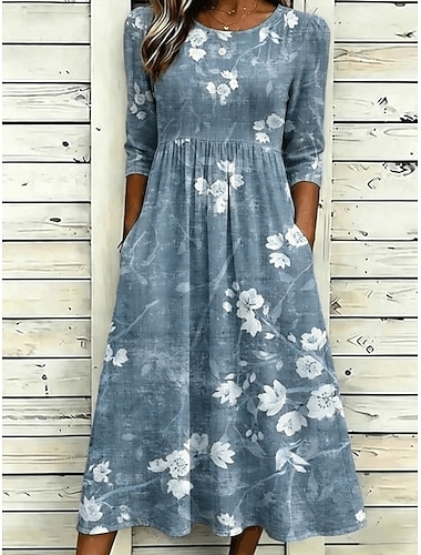  Damen Midikleid Shiftkleid Urlaub Lässig Boho Täglich Sommerkleid Frühlingskleid Normale Passform Blumen Grafik Kurzarm Rundhalsausschnitt Himmelblau Purpur Grün Dunkelblau Sommer Frühling
