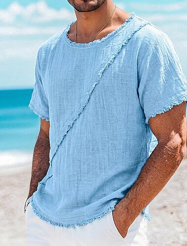  Homme T-shirt T-shirt en lin Manches courtes Col ras du cou Été Uni Mode Designer Basique Flexible Bord écru Occasionnel Vacances Rue Bleu Ciel Kaki Abricot T-shirt haut de gamme pour homme
