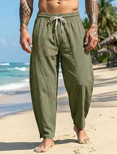  رجالي سروال الكتان السراويل الصيفية سراويل النساء رباط مرونة الخصر سهل راحة متنفس مكتمل الطول فضفاض مناسب للبس اليومي الأماكن المفتوحة العطلة موضة أسود أبيض غير مطاطي