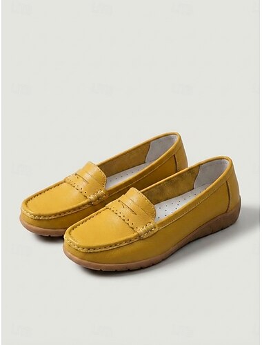  dame gule klassiske mokkasinloafers – myke, mikrobielle slip-on-sko i skinn med sklisikker såle, lette og komfortable tursko for jobb, reiser, kjøring og hverdagsbruk
