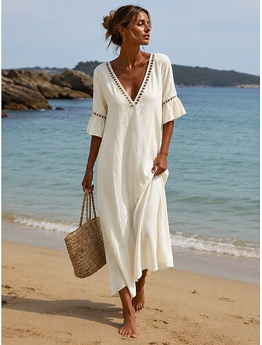  Per donna Abito Midi Abito Boho Vestito Estivo Vestito Casual Elegante Moda Moderno All'aperto Vacanza Uscire Vestibilità comoda Semplice Mezza Manica Scollo a V Blu Cachi Bianco Rosa Estate Primavera