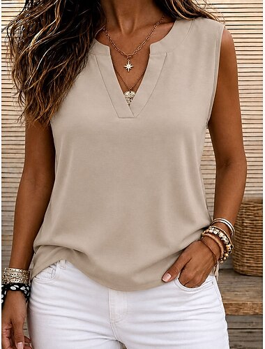  Damen Tanktop Einfarbig Vintage Stilvoll Basic Ärmellos V Ausschnitt Normale Oberteile Lässig Täglich Khaki Schwarz Weiß Sommer Frühling