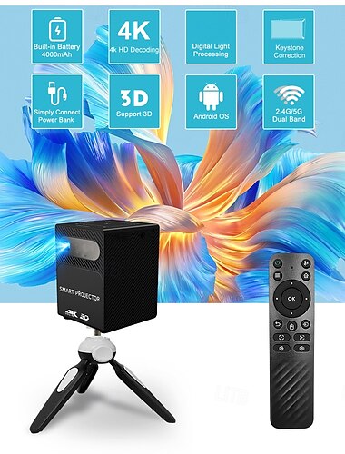  Intelligenter DLP-Mini-Projektor mit Android-Betriebssystem, 4000-mAh-Akku und Unterstützung für 4K-Dekodierung &Tragbarer 3D-Taschenfilmprojektor mit 5G-WLAN, Bluetooth, Trapezkorrektur, ideal für