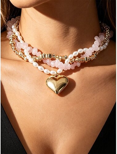 Mehrlagige Damenkette mit Imitationsperlen, rosa Steinen und Goldperlen, elegantes Choker-Anhänger-Design für Alltag, Urlaub, Gartenpartys und halbformelle Anlässe.