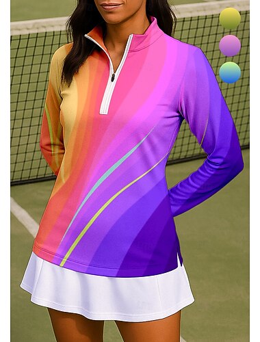 Damen Farbverlauf Streifen Shirt Sporthemd Golf-Poloshirt Tennis Shirt Langarm Reißverschluss Blumen UPF50+ UV-beständig Hohe Elastizität Feuchtigkeitsableitend Atmungsaktiv Volleyball Tennis