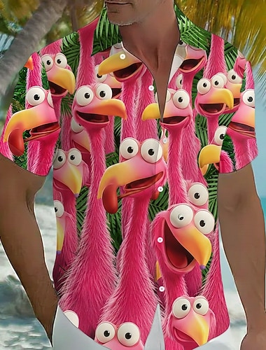  Homme Animal Flamant rose Cocotier Chemise hawaïenne Chemises tropicales Chemise Aloha Manche Courte Hawaïen Quotidien Vacances à la Plage Été Printemps Col Rabattu Impression 3D Chemises boutonnées