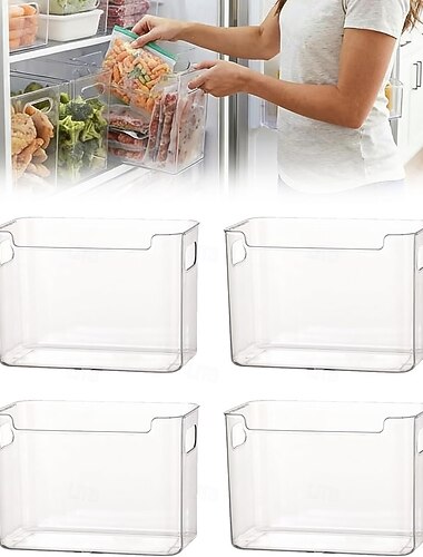  4 contenitori trasparenti per congelatore con manici, contenitori impilabili per congelatore verticale e a pozzetto, cestelli organizer per cassetti del frigorifero per carne, verdura e alimenti