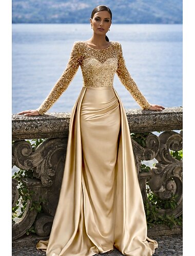  Meerjungfrauenschnitt Bodenlang Abendkleid Elegant Glanz & Glamour Langarm Illusionsausschnitt Karneval Maskerade Champagnerfarbenes Brautmutterkleid Satin Paillettenbesetzt mit Perlen Überrock