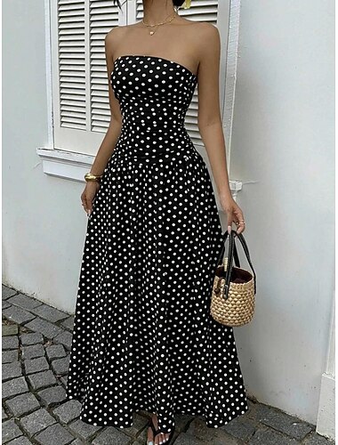  Dames Mini-jurk A lijn jurk Elegant Feest cocktail Buiten Feest Bruiloft gast Afdrukken Normale pasvorm Stip Mouwloos Strapless Zwart Wit Rood