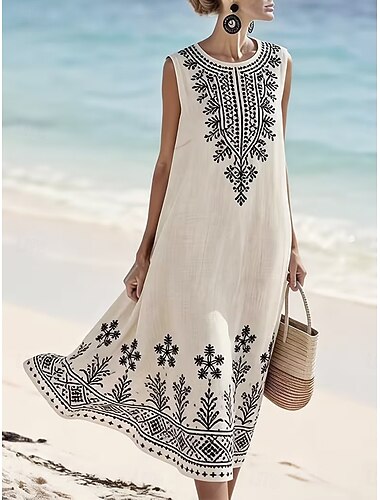  Dam Midiklänning Solklänning A linjeklänning Semester Ledigt Boho Strand Utekväll Lös passning Blommig Grafisk Stam Ärmlös Rund halsringning Blå Rodnande Rosa Kaki Beige Sommar Vår
