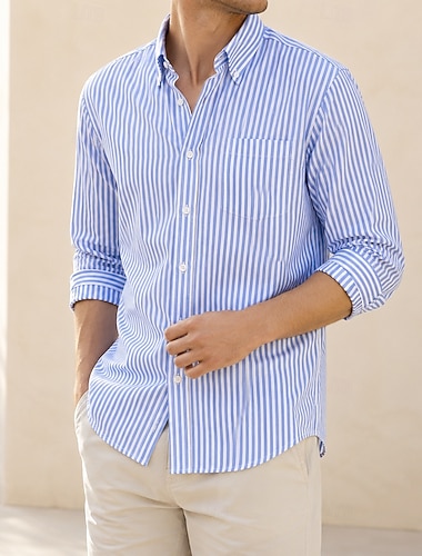  camicia da uomo con bottoni, a righe blu