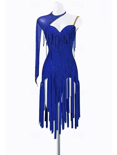  Robe de danse latine bleu roi à franges et strass pour femme - costume de bal asymétrique à manches longues