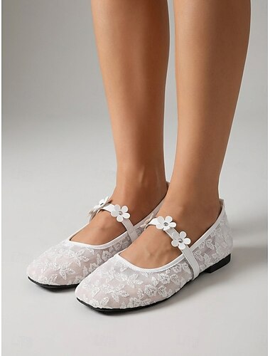  Dames ballerina's in witte kant met bloemenprint - elegante ballerina's van mesh met borduurwerk en een 3D-bloemenbandje, perfect voor buitenactiviteiten, tuinbruiloften en andere gelegenheden. &zomer