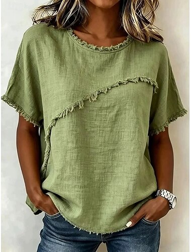  Mujer Elegant Camiseta Tee Graphic Plano Elegante Manga Corta Cuello Barco Tops regulares Casual Playa Blanco Verde Claro Caqui Morado Verano