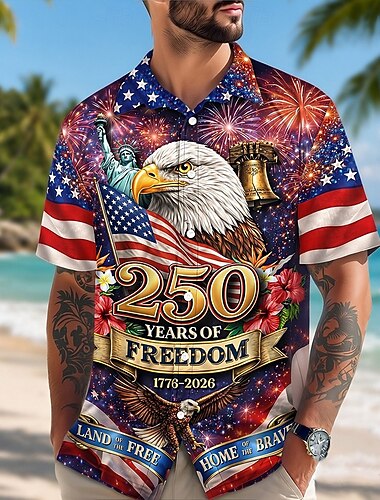  Herren 250. Jubiläums Patriotic Eagle Amerikanische Flagge Button Down Hemd Kurzarm Sommer Urlaub Oberteil