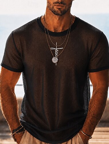 Heren T-shirt van transparant mesh, doorschijnend strandshirt, zomerse clubkleding top voor mannen