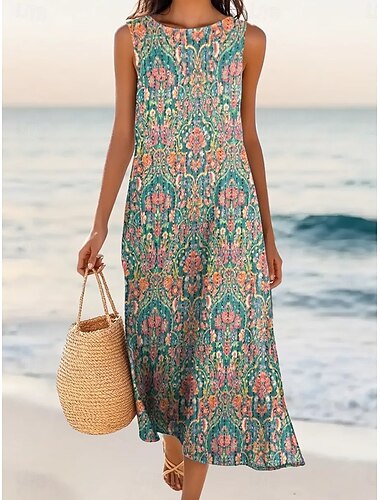 Damen Midikleid Freizeitkleid A Linie Kleid Elegant Normale Passform Grafik Geometrisch Ärmellos Rundhalsausschnitt Purpur Grün Sommer Frühling