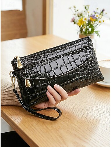  Dámská psaníčková kabelka s krokodýlím reliéfem na zápěstí, luxusní umělá kůže, zlatý zip, elegantní kabelka pro ženy nad 35 let, vhodná pro obchodní, svatební a každodenní použití.