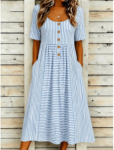 Damen Midikleid Sommerkleid Freizeitkleid A Linie Kleid Urlaub Lässig Strand Strand Ferien Normale Passform Grafik Geometrisch Gestreift Kurzarm Rundausschnitt Blau Schwarz Rosa Grün Sommer Frühling