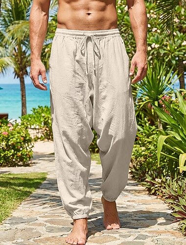  Herren Leinenhosen Hose Sommerhose Baggy-Hosen Kordelzug Elastischer Bund Einfarbig Einfach Komfort Atmungsaktiv Volle Länge Täglich Outdoor Ferien Urlaub Mode Khaki Cachi scuro Unelastisch