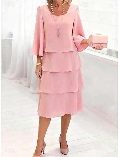 Dam Midiklänning Cocktail klänning Bröllopsgästklänning Elegant Mode Modern Dagligen Utomhus Semester Normal Slät Långärmad Rund hals Svart Rodnande Rosa Marinblå Aprikos Sommar Vår
